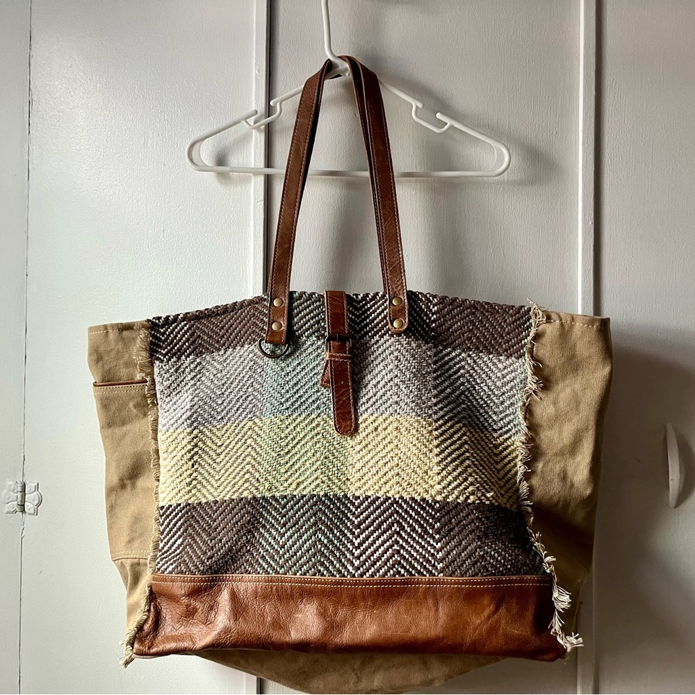 Myra Herringbone Weekender Canvas Bag with Leather Straps